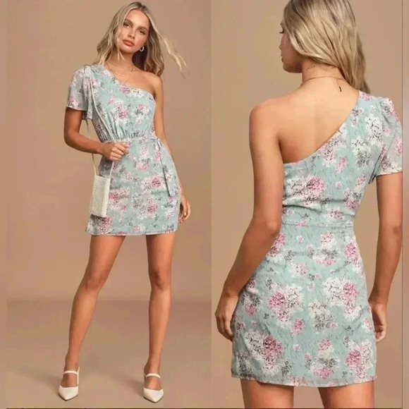 Lulus Way to Wow Dusty Blue Floral One Shoulder Faux-Wrap Dress-Size Large-NWOT - Picture 4 of 9